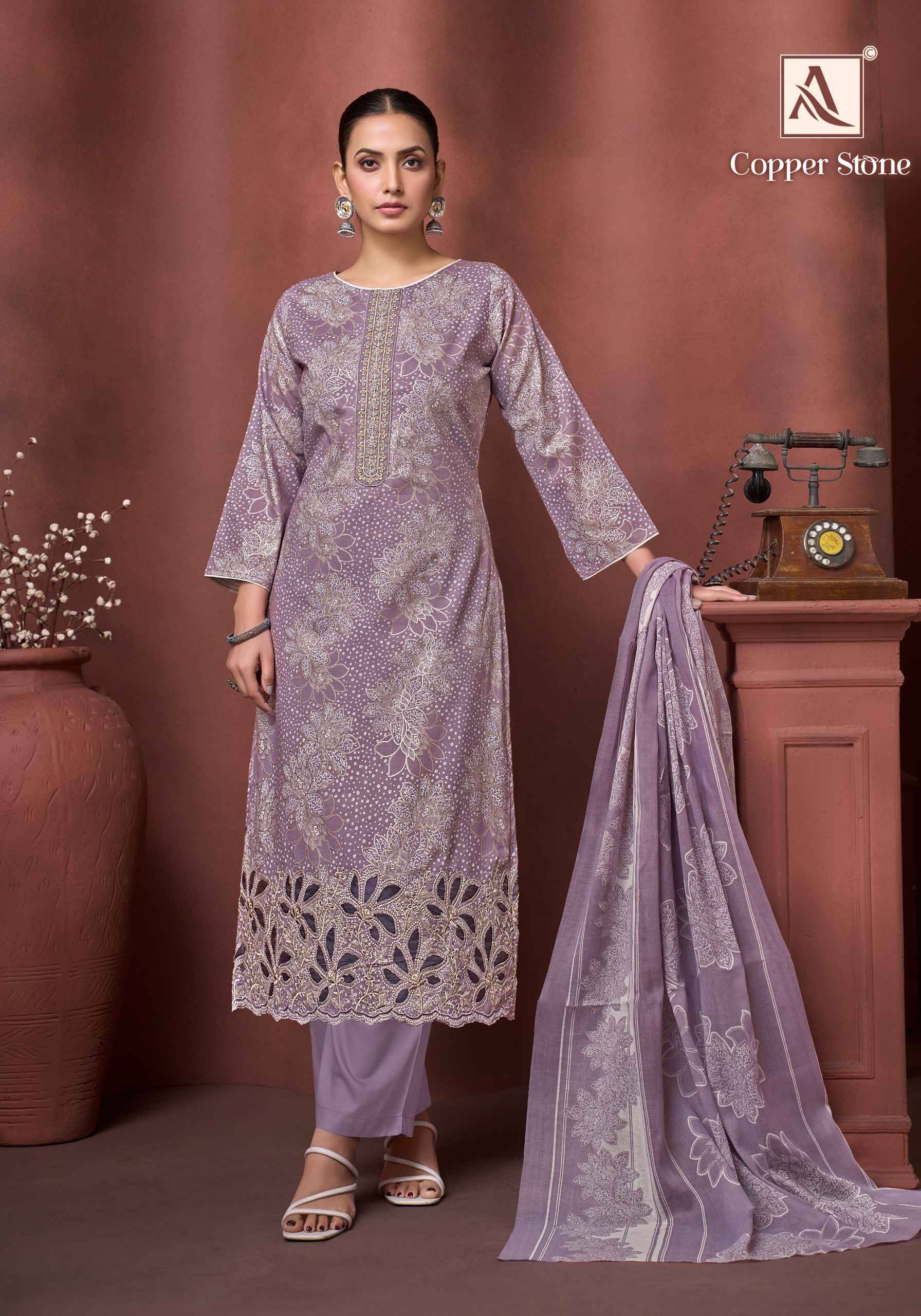 COPPER STONE 1059 By Alok Pakistani Stylish Beautiful Colourful Printed & Embroidered Party Wear & Occasional Wear Pure cotton Dresses At Wholesale Price